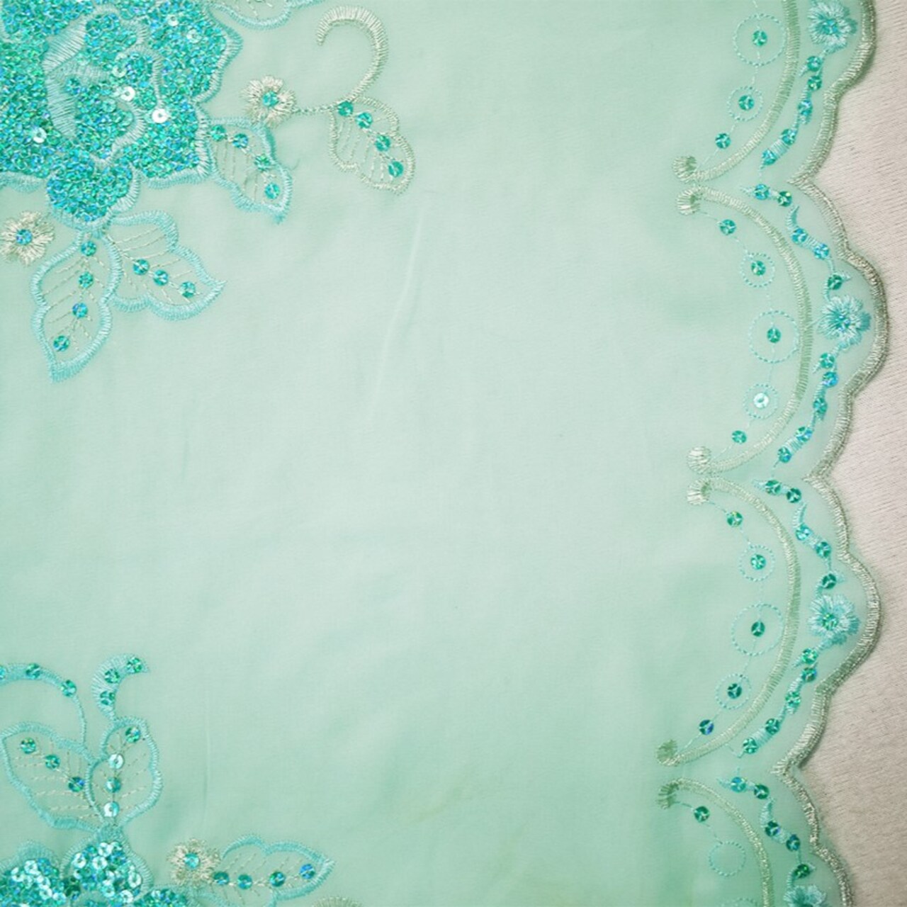 Aqua-Silver Nylon Embroidered Floral Sequined Scallop Chiffon Woven Fabric By the Yard